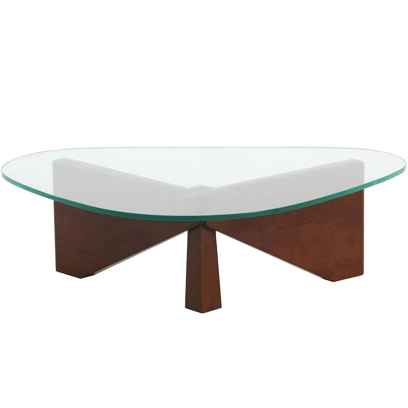 Table basse triangulaire d'appoint milieu de siècle moderne avec plateau en verre et base en bois pour salon