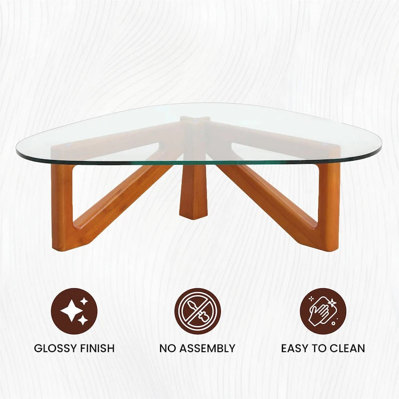 Table basse triangulaire d'appoint milieu de siècle moderne avec plateau en verre et base en bois pour salon