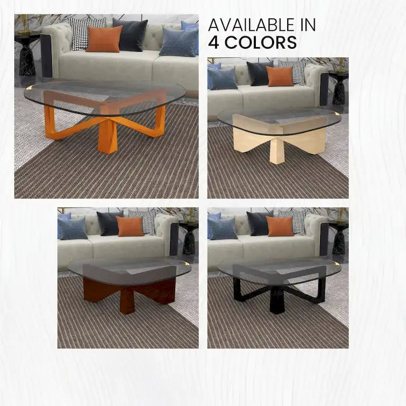 Table basse triangulaire d'appoint milieu de siècle moderne avec plateau en verre et base en bois pour salon