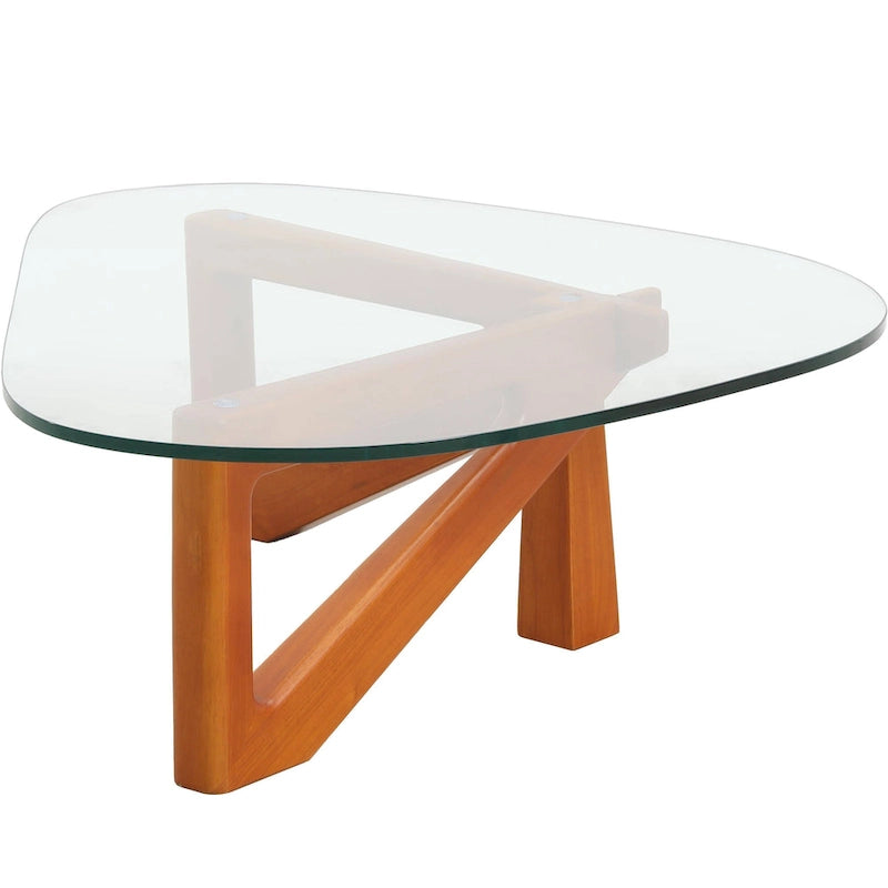 Table basse triangulaire d'appoint milieu de siècle moderne avec plateau en verre et base en bois pour salon