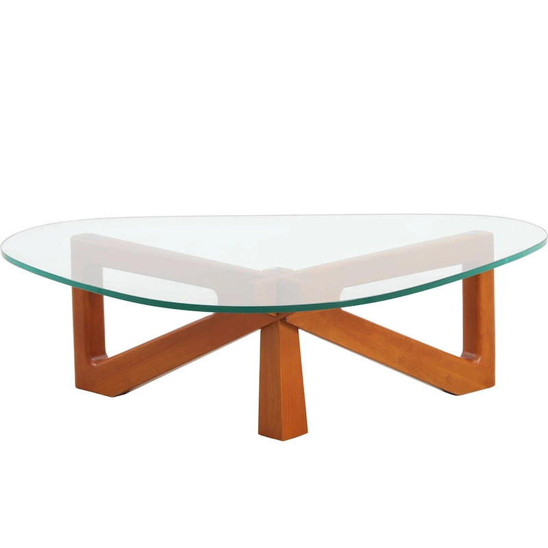Table basse triangulaire d'appoint milieu de siècle moderne avec plateau en verre et base en bois pour salon