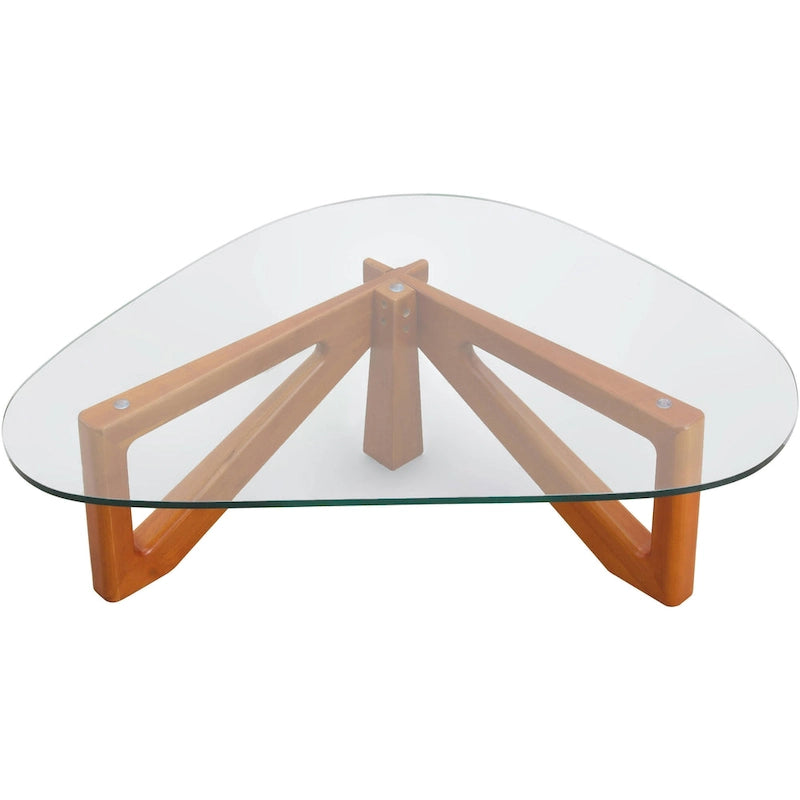 Table basse triangulaire d'appoint milieu de siècle moderne avec plateau en verre et base en bois pour salon