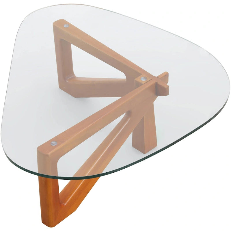 Table basse triangulaire d'appoint milieu de siècle moderne avec plateau en verre et base en bois pour salon
