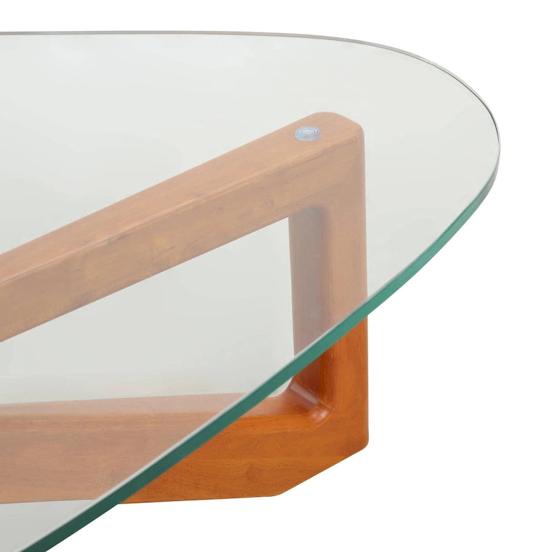 Table basse triangulaire d'appoint milieu de siècle moderne avec plateau en verre et base en bois pour salon