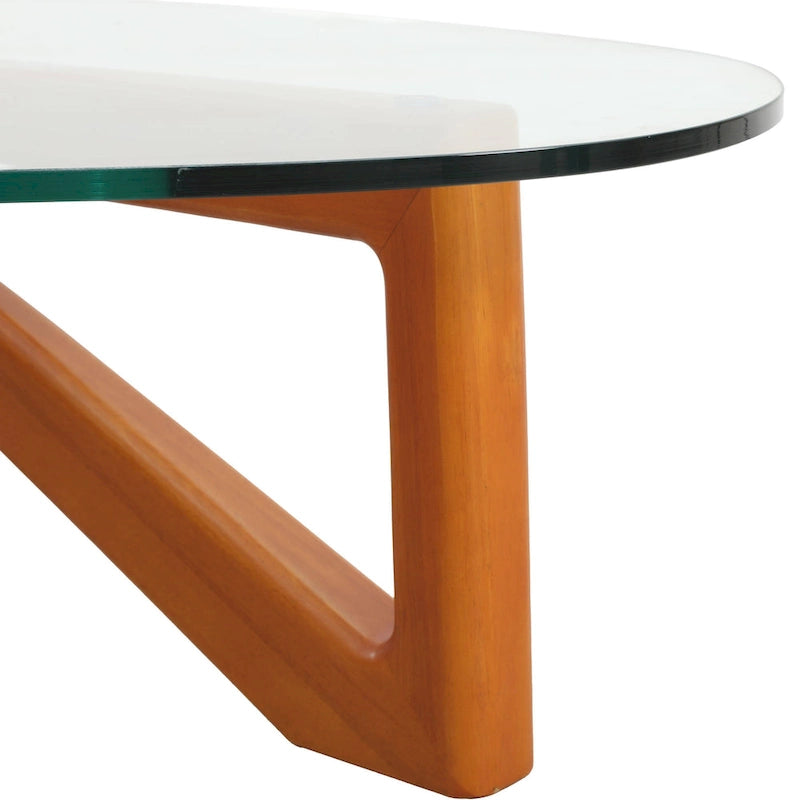 Table basse triangulaire d'appoint milieu de siècle moderne avec plateau en verre et base en bois pour salon