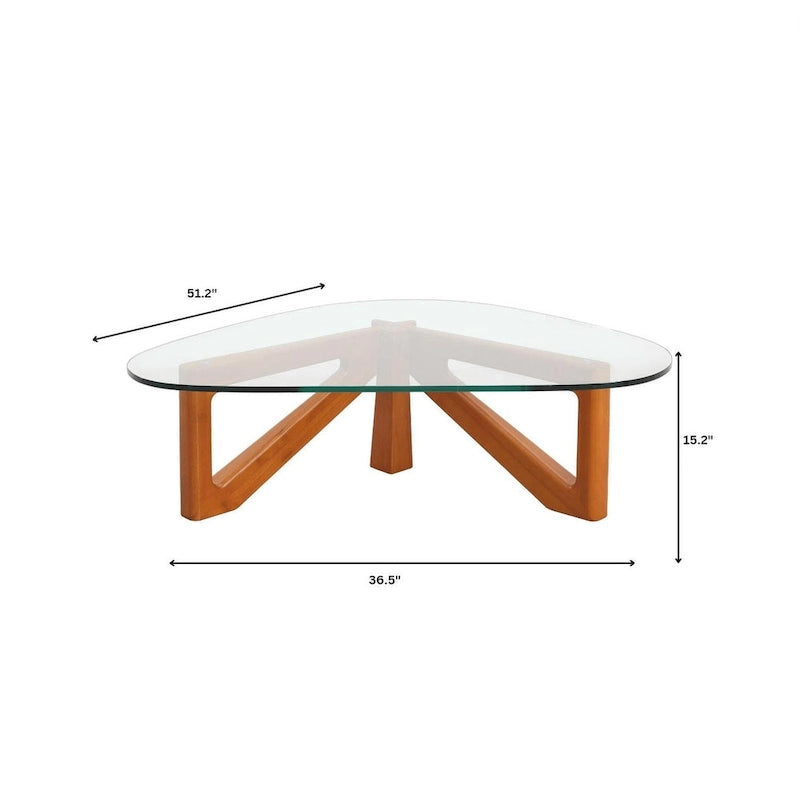 Table basse triangulaire d'appoint milieu de siècle moderne avec plateau en verre et base en bois pour salon
