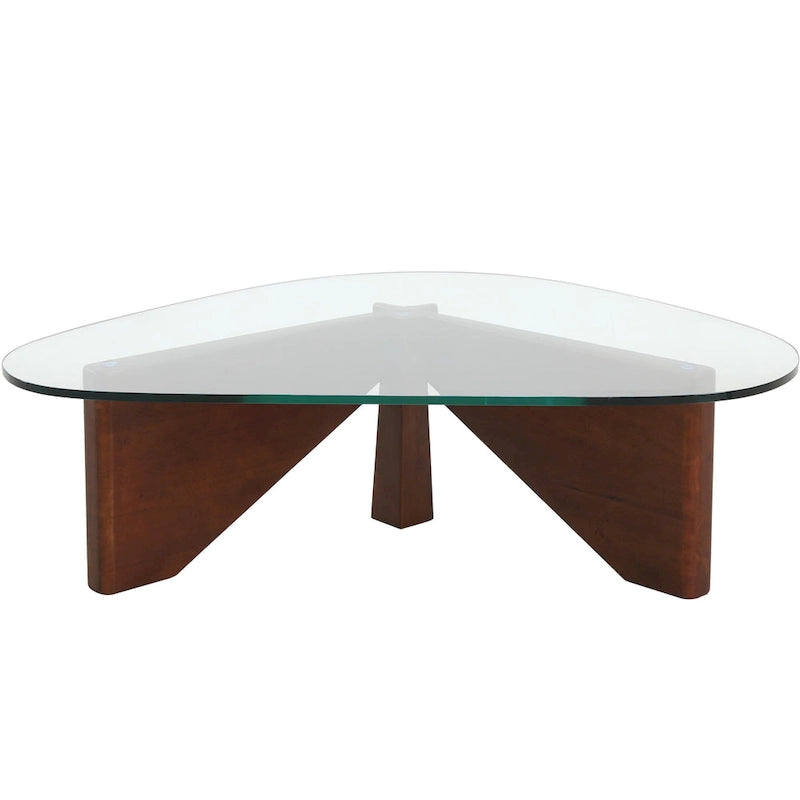 Table basse triangulaire d'appoint milieu de siècle moderne avec plateau en verre et base en bois pour salon