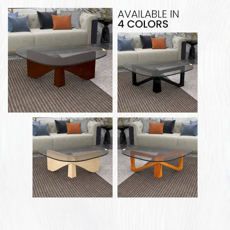 Table basse triangulaire d'appoint milieu de siècle moderne avec plateau en verre et base en bois pour salon
