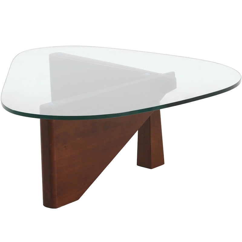 Table basse triangulaire d'appoint milieu de siècle moderne avec plateau en verre et base en bois pour salon