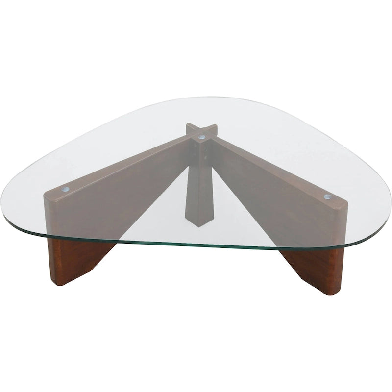 Table basse triangulaire d'appoint milieu de siècle moderne avec plateau en verre et base en bois pour salon