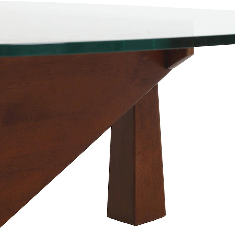 Table basse triangulaire d'appoint milieu de siècle moderne avec plateau en verre et base en bois pour salon