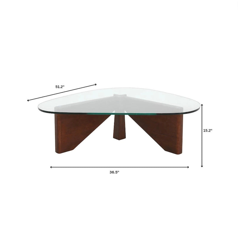 Table basse triangulaire d'appoint milieu de siècle moderne avec plateau en verre et base en bois pour salon