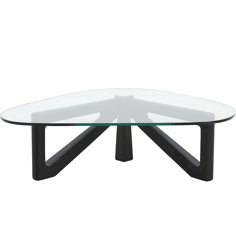 Table basse triangulaire d'appoint milieu de siècle moderne avec plateau en verre et base en bois pour salon