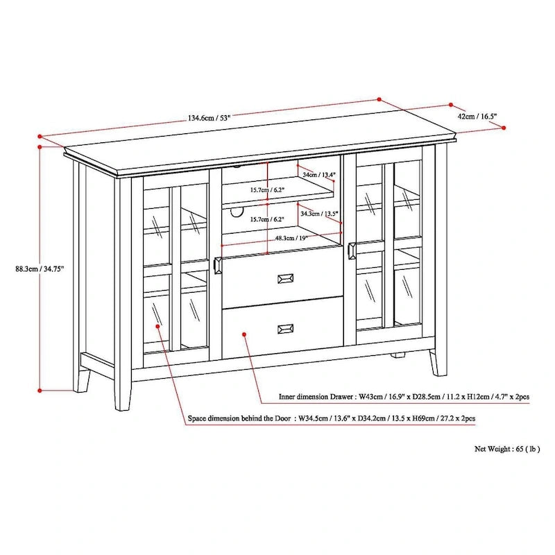 Meuble TV multimédia en bois massif de 53 po