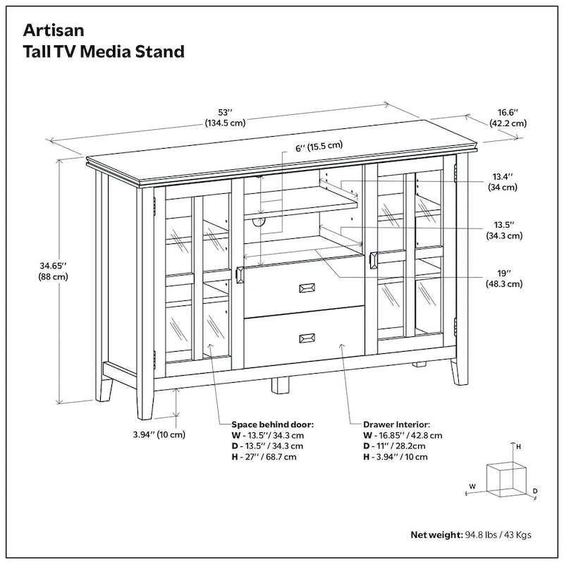 Meuble TV multimédia en bois massif de 53 po