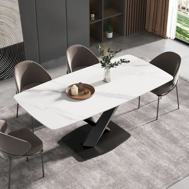 Table à manger moderne 71 po avec plateau en ardoise et pieds en métal, table à manger en marbre