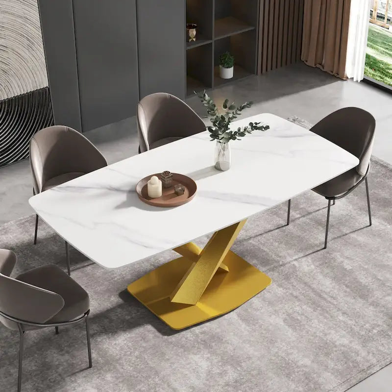 Table à manger moderne 71 po avec plateau en ardoise et pieds en métal, table à manger en marbre