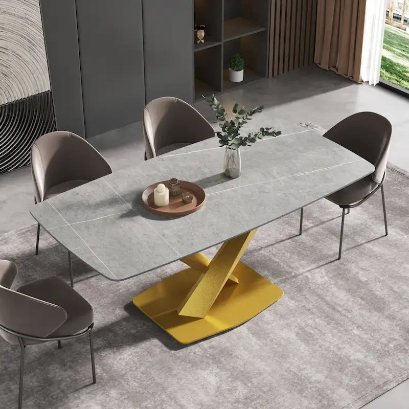 Table à manger moderne 71 po avec plateau en ardoise et pieds en métal, table à manger en marbre