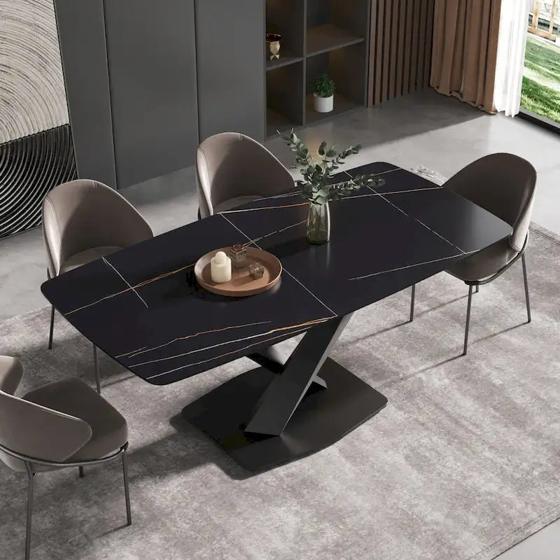 Table à manger moderne 71 po avec plateau en ardoise et pieds en métal, table à manger en marbre