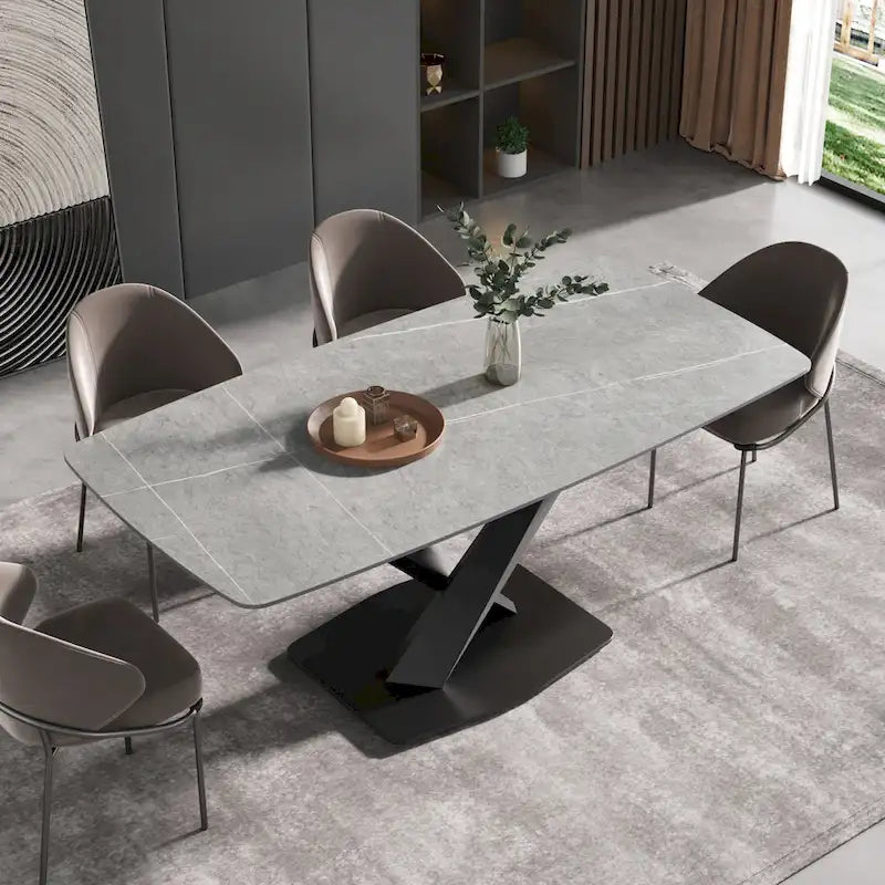 Table à manger moderne 71 po avec plateau en ardoise et pieds en métal, table à manger en marbre
