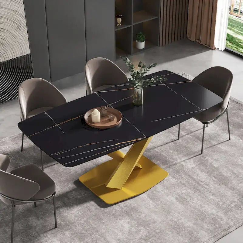 Table à manger moderne 71 po avec plateau en ardoise et pieds en métal, table à manger en marbre