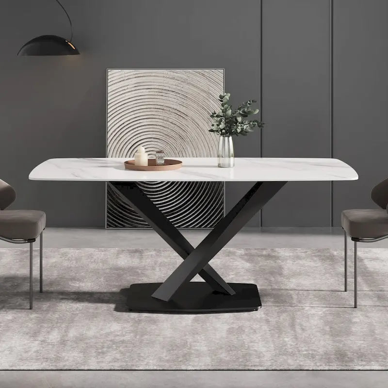 Table à manger moderne 71 po avec plateau en ardoise et pieds en métal, table à manger en marbre