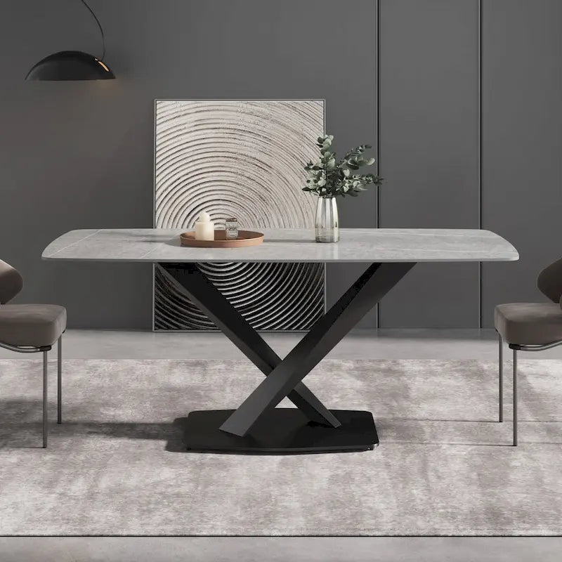 Table à manger moderne 71 po avec plateau en ardoise et pieds en métal, table à manger en marbre