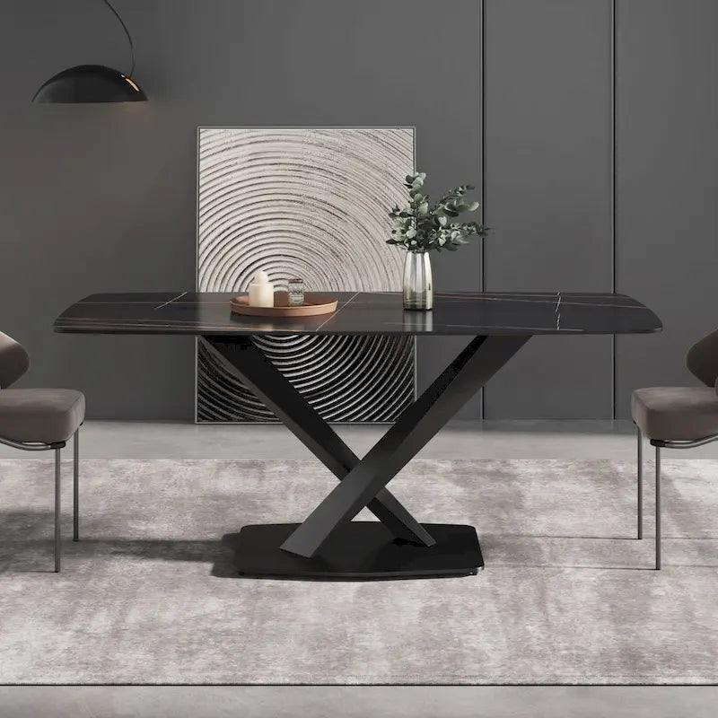 Table à manger moderne 71 po avec plateau en ardoise et pieds en métal, table à manger en marbre
