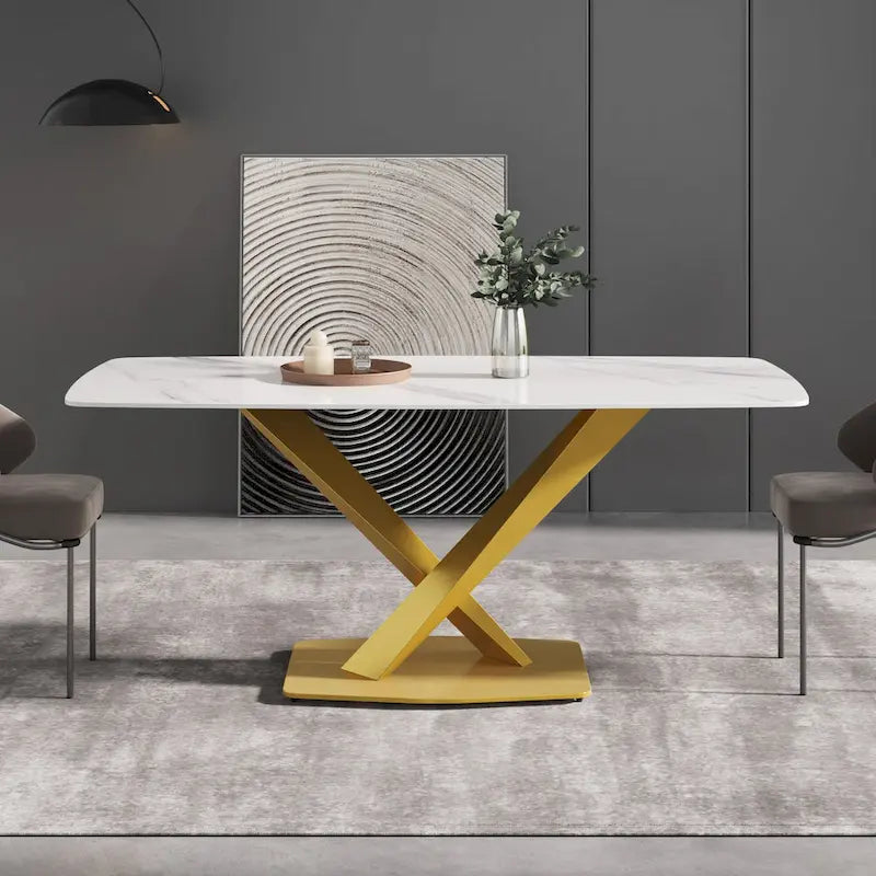 Table à manger moderne 71 po avec plateau en ardoise et pieds en métal, table à manger en marbre
