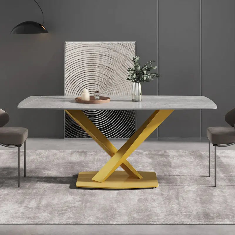 Table à manger moderne 71 po avec plateau en ardoise et pieds en métal, table à manger en marbre
