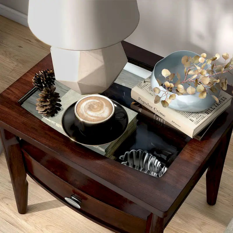 Table d'appoint à 1 tiroir avec plateau en verre de 27 po en noyer traditionnel Genoas par Furniture of America