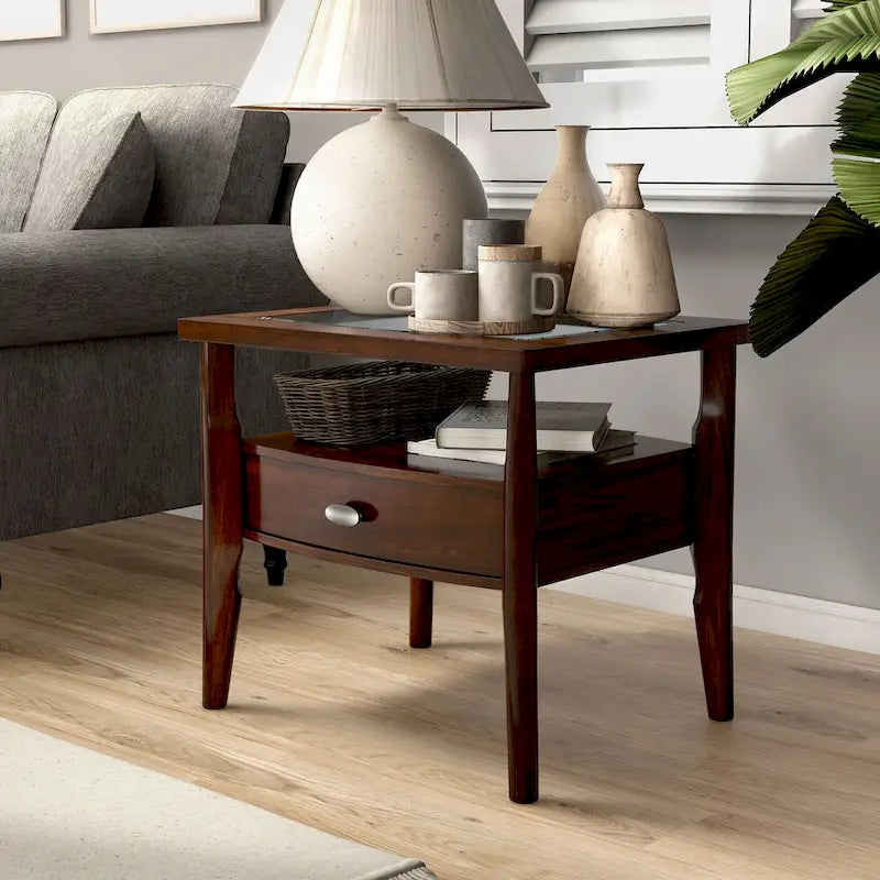 Table d'appoint à 1 tiroir avec plateau en verre de 27 po en noyer traditionnel Genoas par Furniture of America