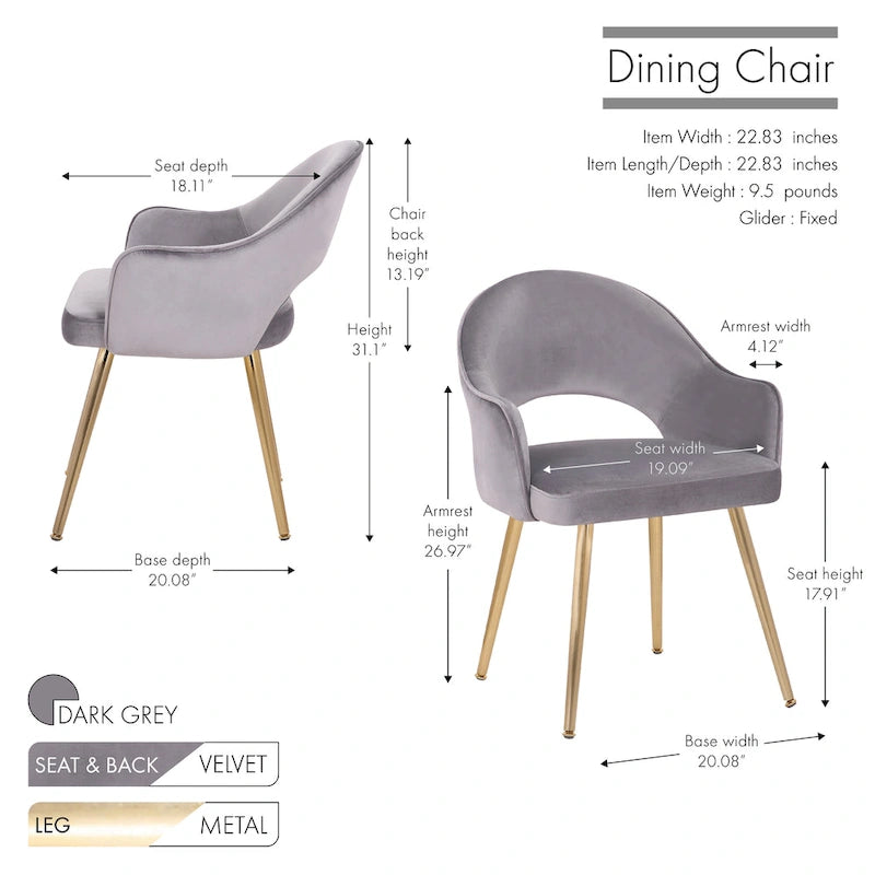 Chaise de salle à manger en velours avec pieds en métal doré