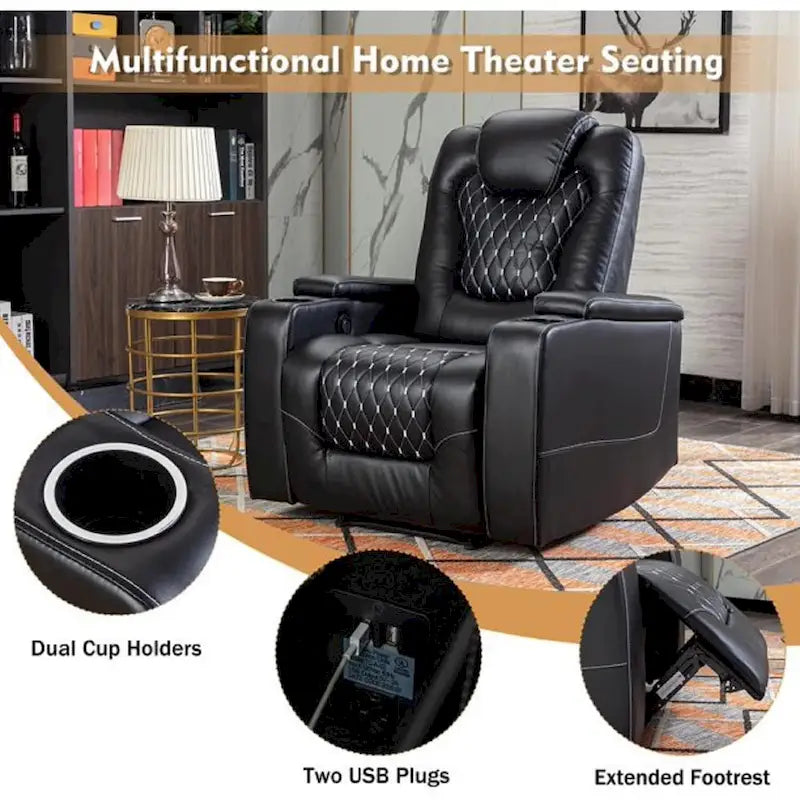Canapé inclinable simple surdimensionné de cinéma maison électrique avec rangement dissimulé dans les accoudoirs