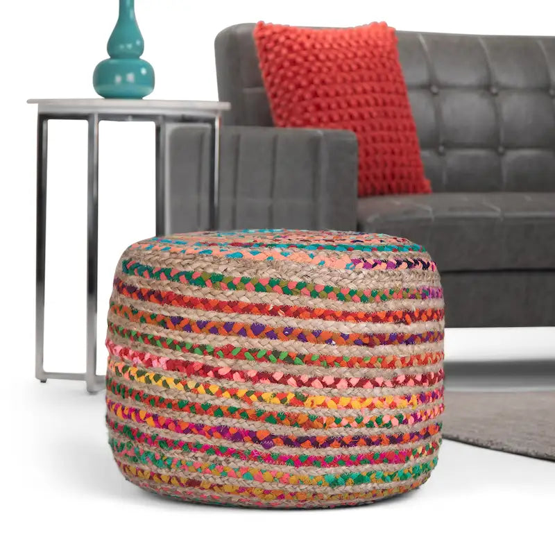 Pouf rond bohème en jute tressé et coton