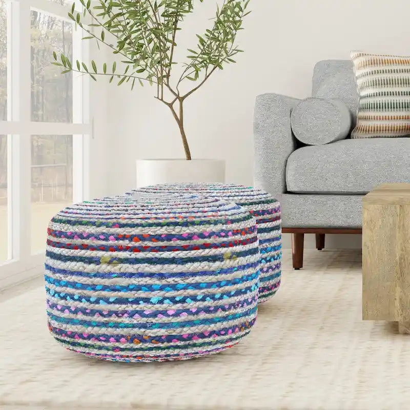 Pouf rond bohème en jute tressé et coton