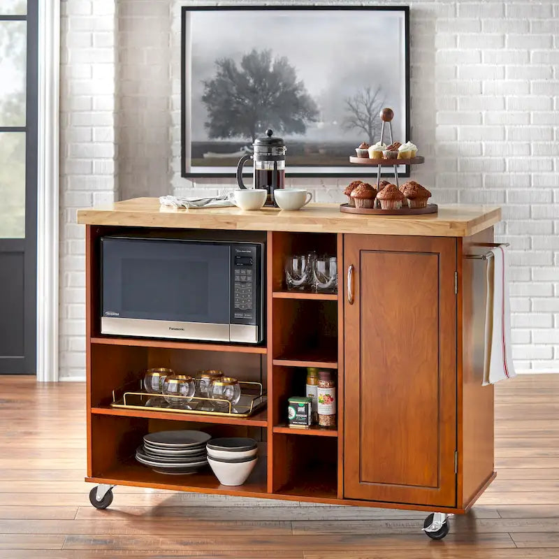 Chariot de rangement à roulettes pour micro-ondes avec armoire et étagères