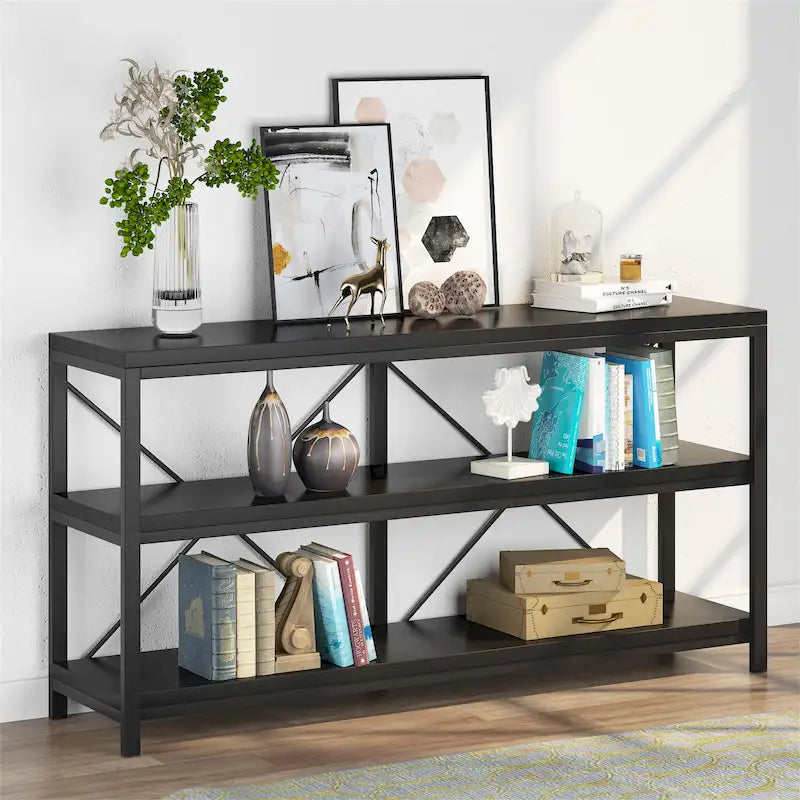 Meuble TV console à 3 niveaux avec étagères de rangement, table de canapé