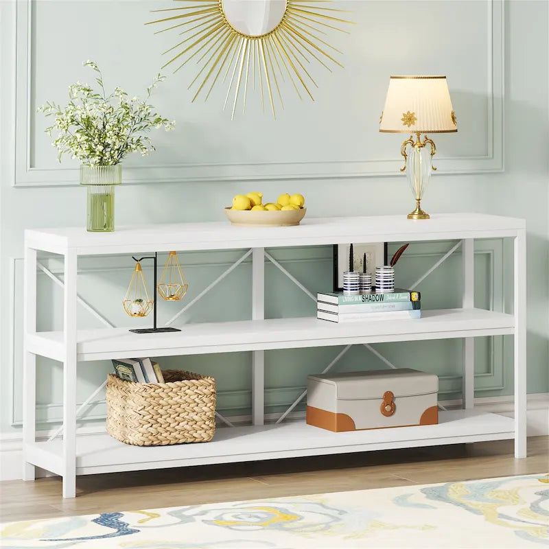 Meuble TV console à 3 niveaux avec étagères de rangement, table de canapé