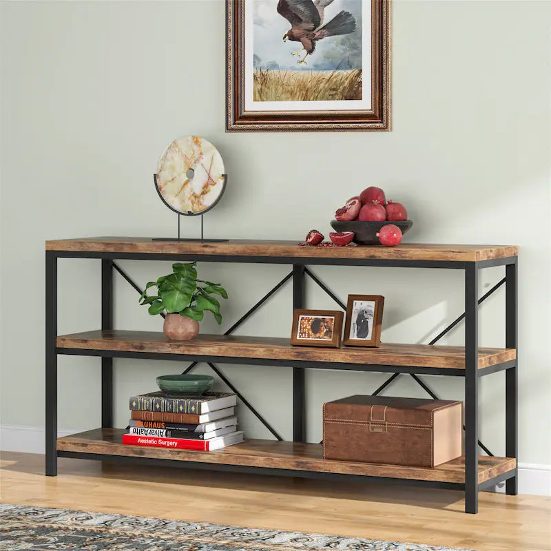 Meuble TV console à 3 niveaux avec étagères de rangement, table de canapé