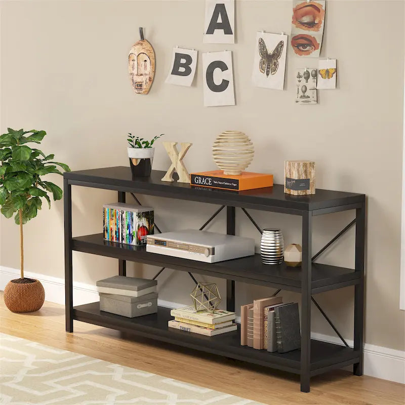 Meuble TV console à 3 niveaux avec étagères de rangement, table de canapé