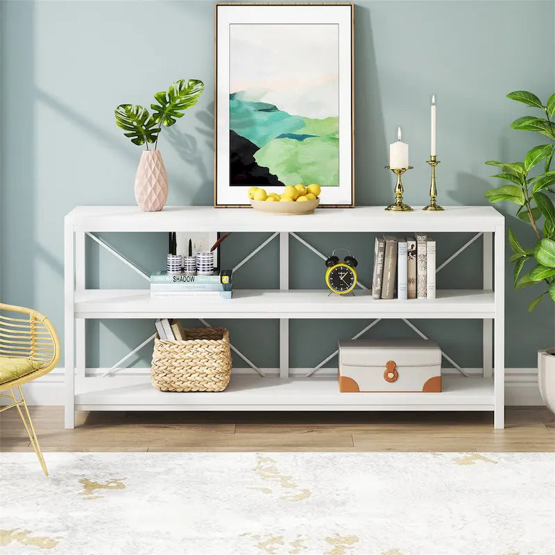 Meuble TV console à 3 niveaux avec étagères de rangement, table de canapé