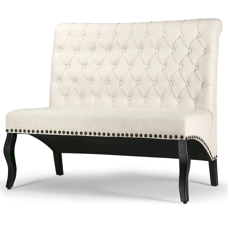 Banquette-coffre rembourrée beige avec capitonnage à boutons