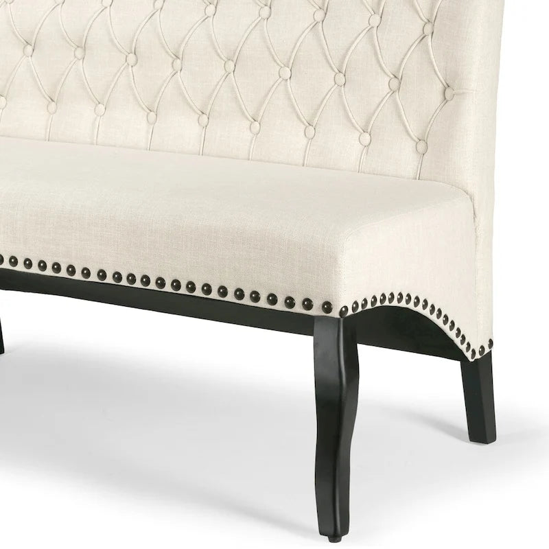 Banquette-coffre rembourrée beige avec capitonnage à boutons