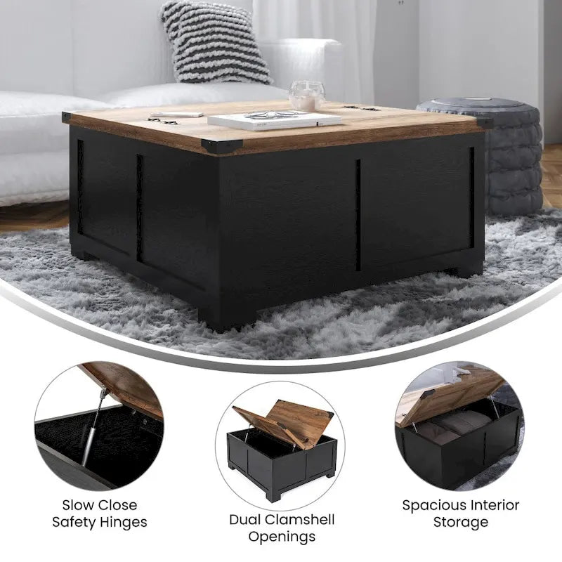 Table basse de ferme avec plateau relevable à charnière et rangement