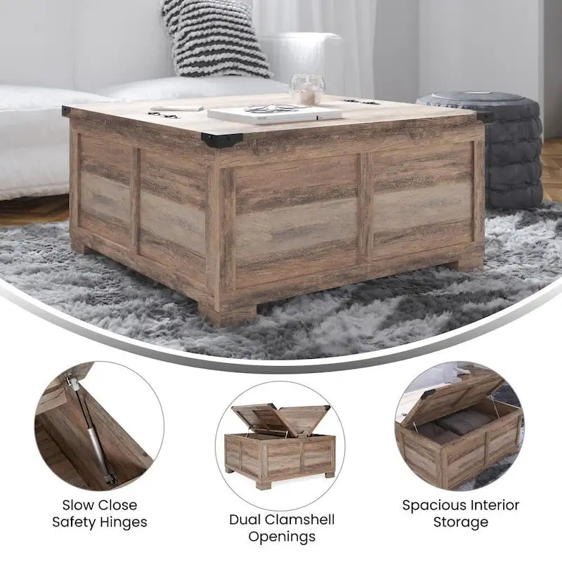 Table basse de ferme avec plateau relevable à charnière et rangement