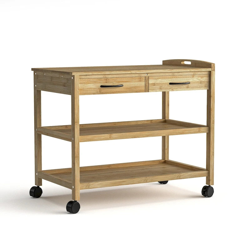 Meuble îlot de cuisine contemporain en bambou naturel Lux de Furniture of America, avec 2 tiroirs et 2 étagères
