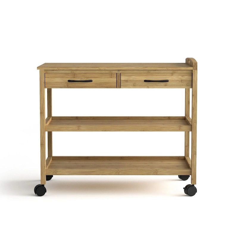 Meuble îlot de cuisine contemporain en bambou naturel Lux de Furniture of America, avec 2 tiroirs et 2 étagères
