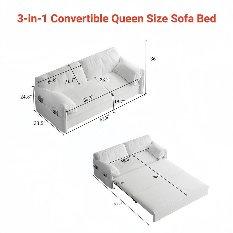 Canapé-lit queen escamotable, canapé-lit convertible 3-en-1 avec rangement latéral