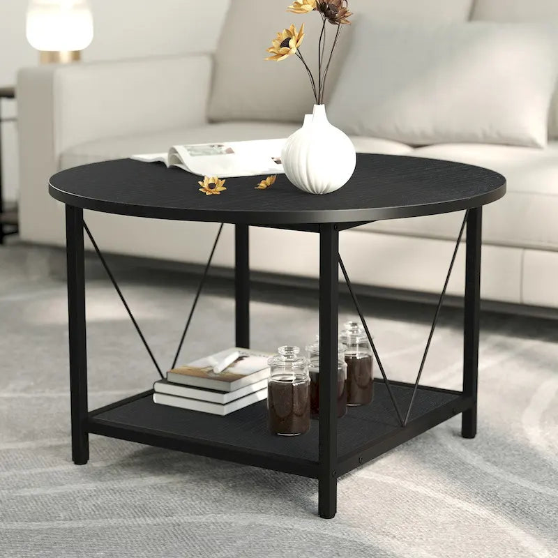 Table basse ronde de style rustique de 80 cm, à 2 niveaux avec étagère de rangement